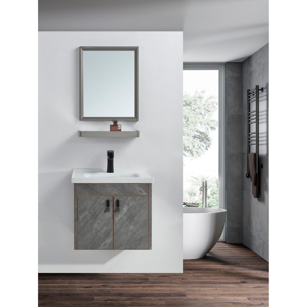 Bathroom vanity cabinet with integrated lighting and outlets